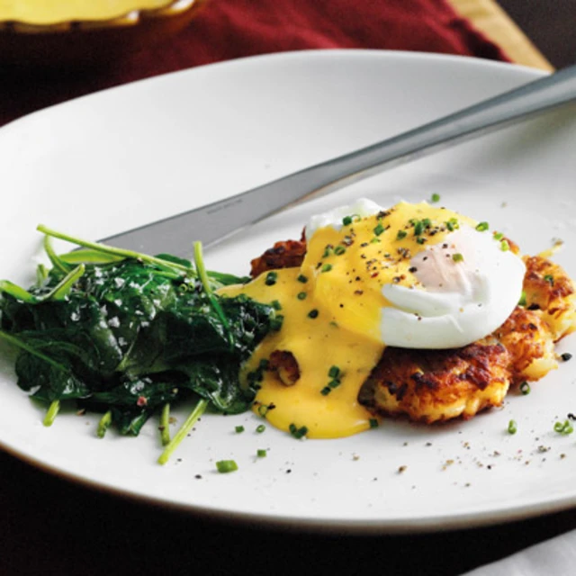 Bacon Rosti with Poached Eggs and Thyme Hollandaise