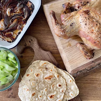 Chicken, roasted red onion and pickled cucumber flatbread