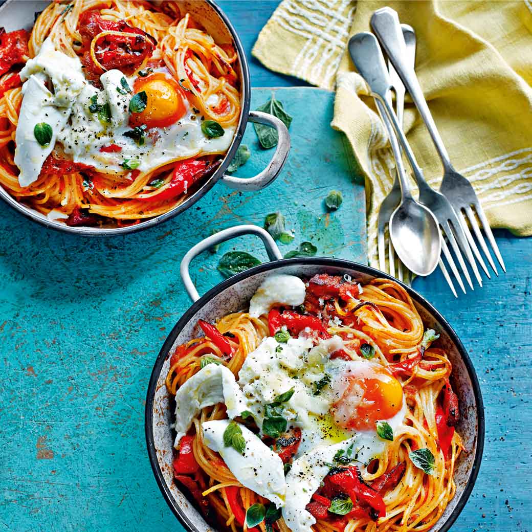 Baked Spaghetti with Chorizo, Pepper, Eggs & Mozzarella