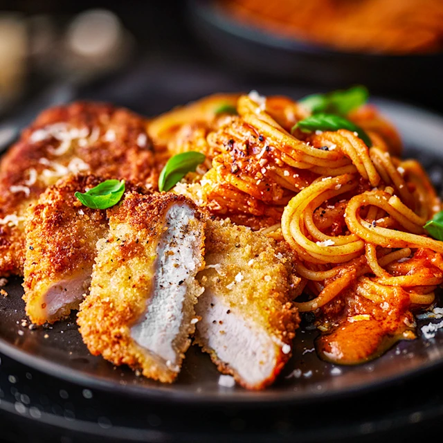 Pork Milanese With Tomato and Vodka Spaghetti