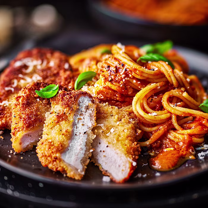 Pork Milanese With Tomato and Vodka Spaghetti
