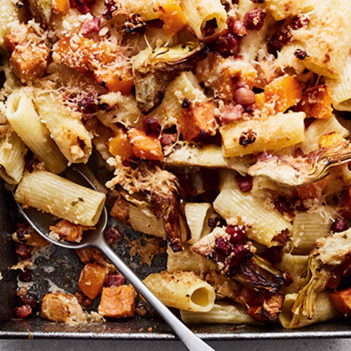 Crispy Artichoke, Pancetta and Butternut Squash One-Tin Pasta