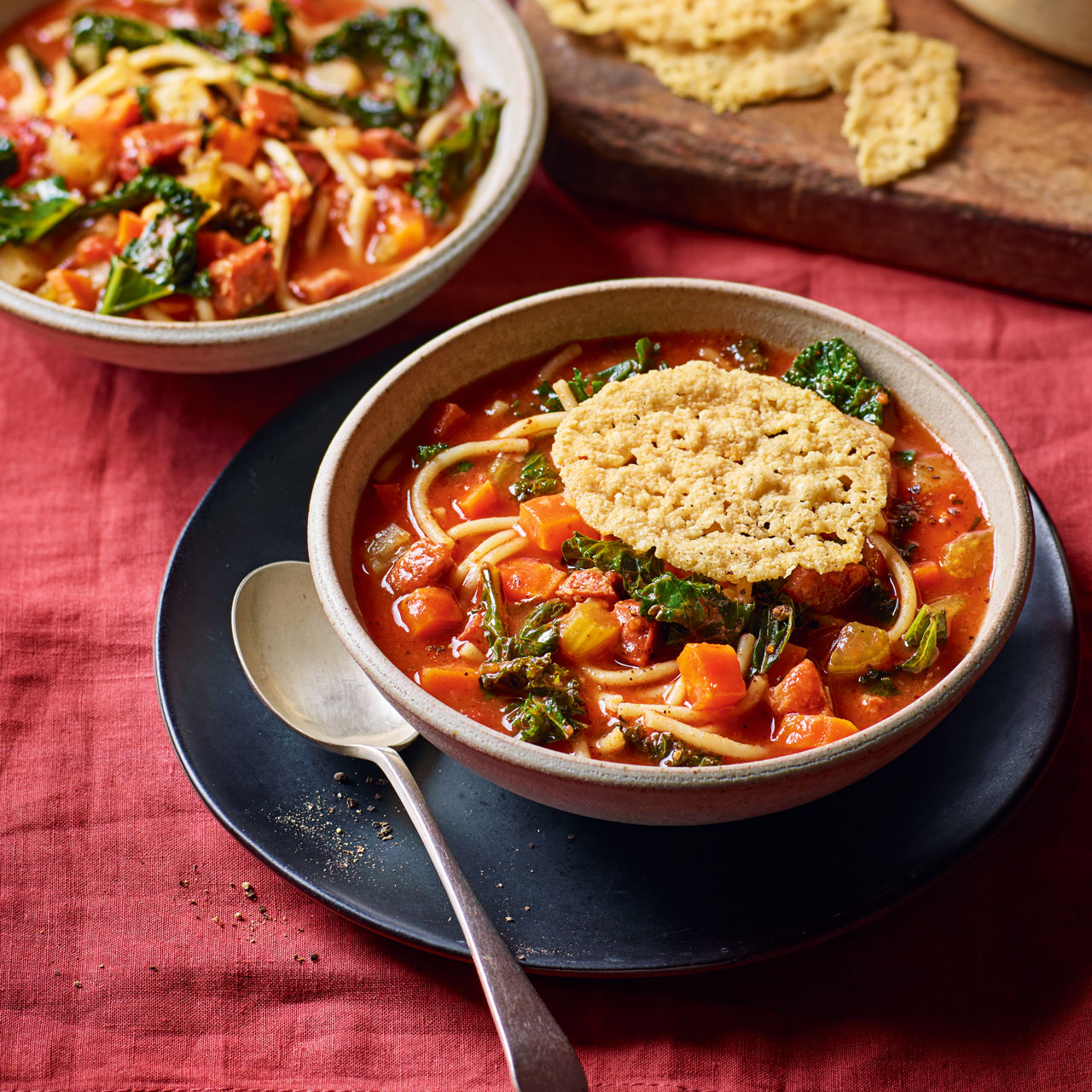 Vegetable and Pasta Soup with a Cheese Crisp 