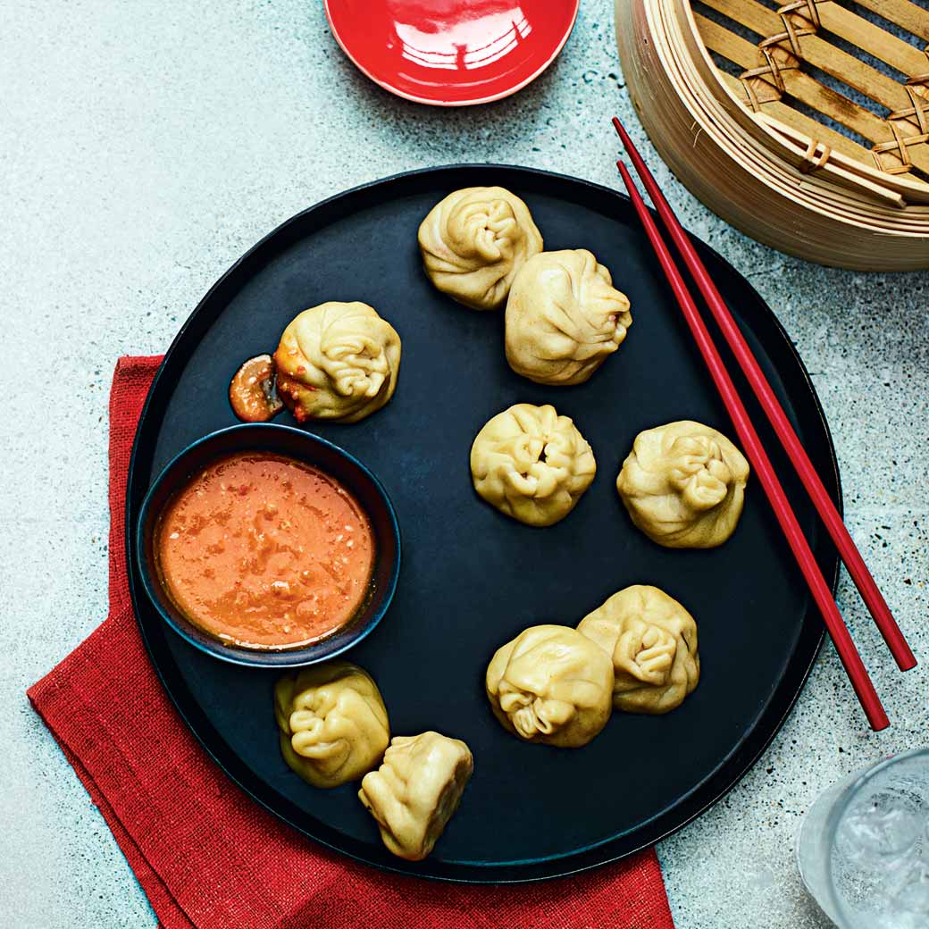 Hakka beef momos with sesame seed chutney