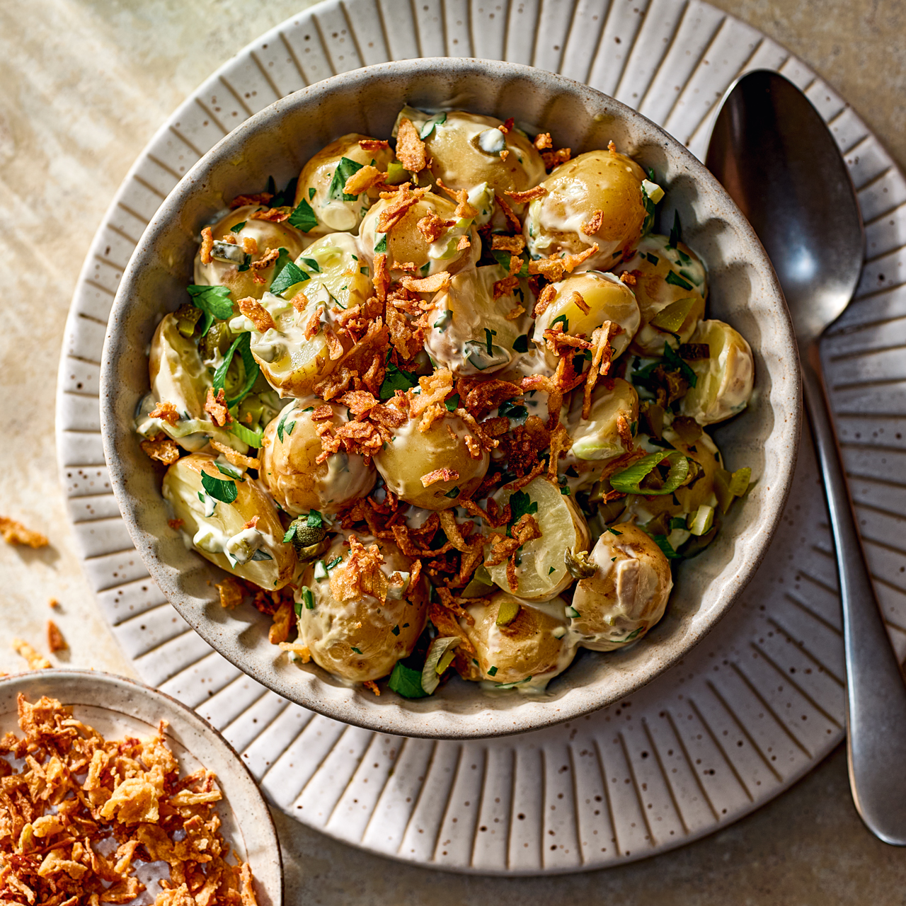 Crispy Onion and Pickle Potato Salad 
