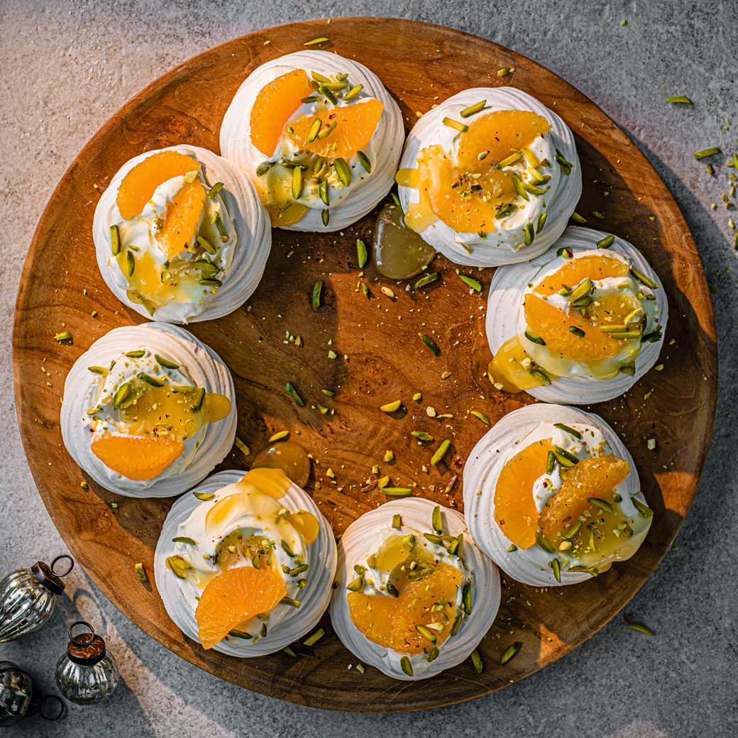 Clementine and Pistachio Mini Pavlovas  