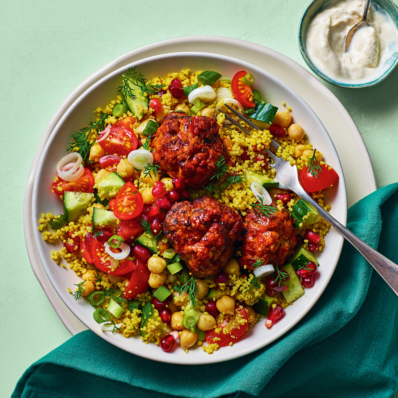 Harissa Turkey Meatballs with Herby Couscous