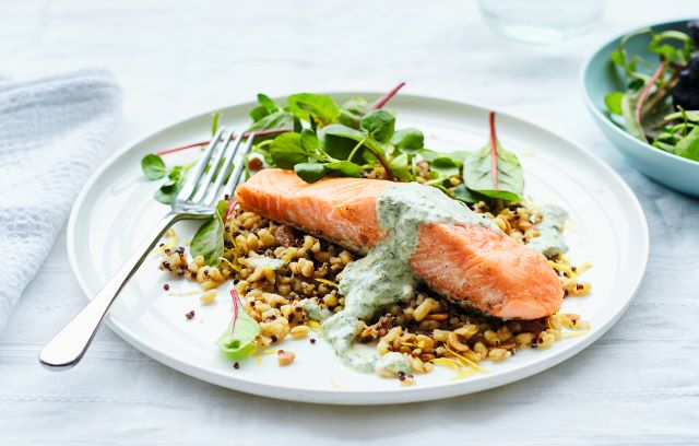 Salmon Fillets with Watercress Sauce & Mixed Grains