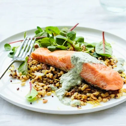 Salmon Fillets with Watercress Sauce & Mixed Grains