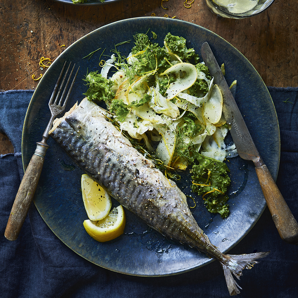 Tea-Smoked Mackerel with Shaved Pear, Fennel and Kale Salad
