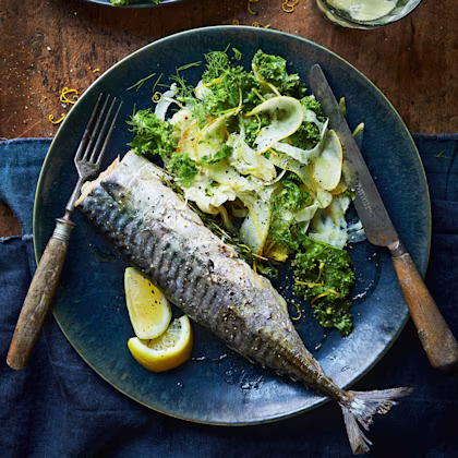 Tea-Smoked Mackerel with Shaved Pear, Fennel and Kale Salad