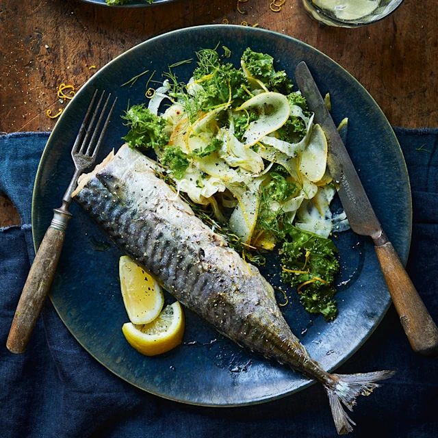 Tea-Smoked Mackerel with Shaved Pear, Fennel and Kale Salad