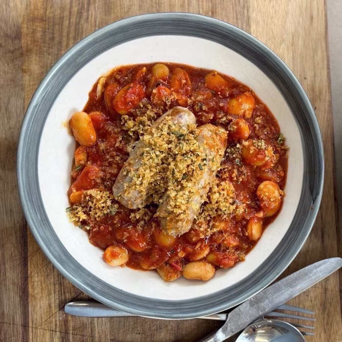 Braised Tomato and Butter Beans with Sausage