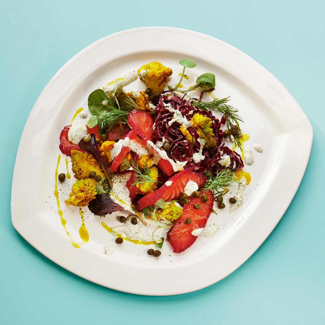 Indian Spiced Cauliflower with Beetroot-cured Salmon and Dill Sauce