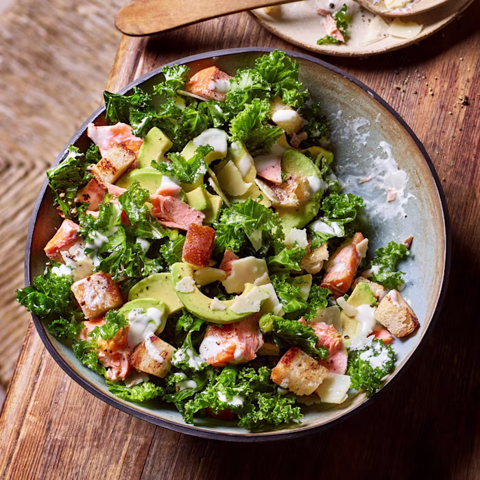 Kale Caesar with Hot Smoked Trout