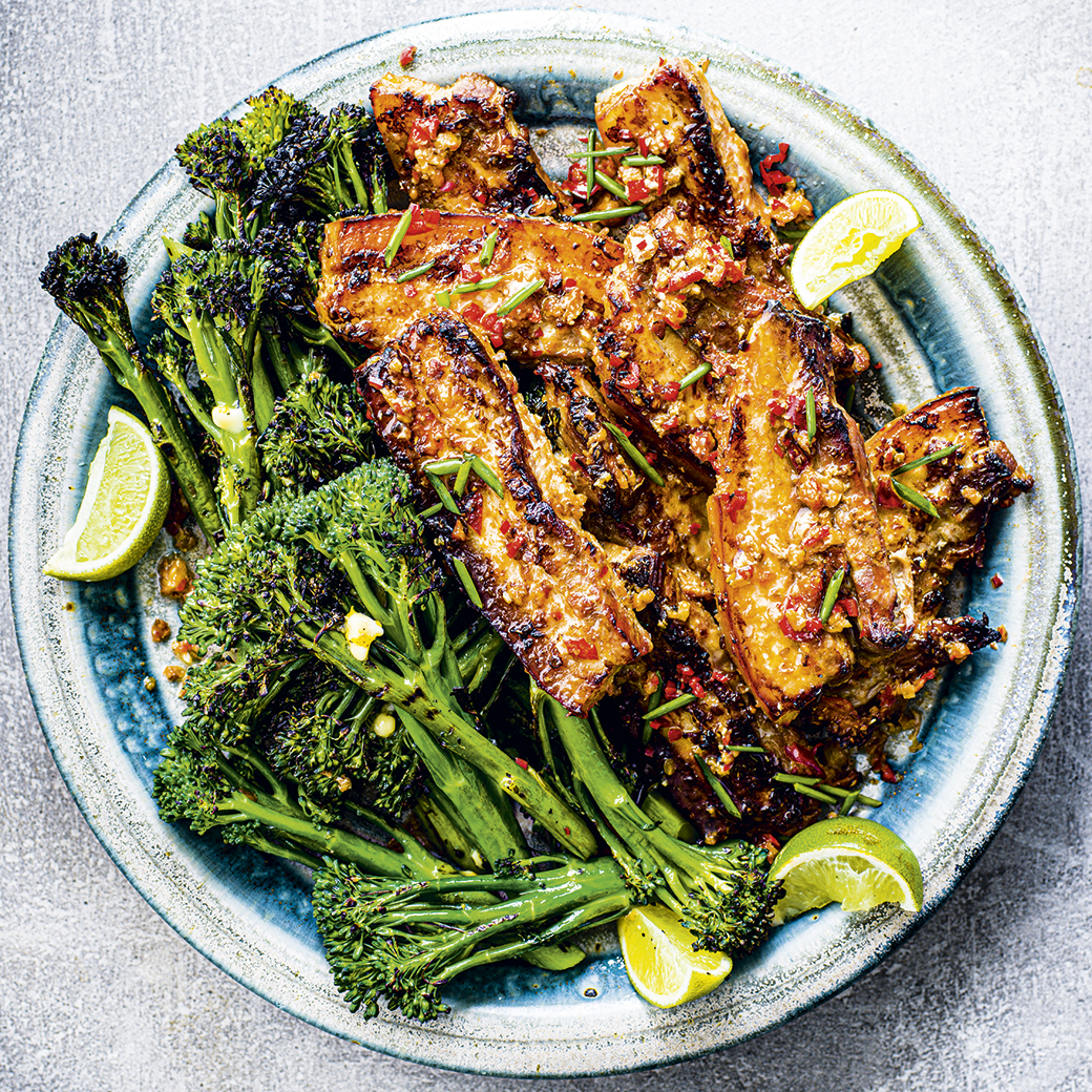 Papaya Pork Belly with Grilled Tenderstem