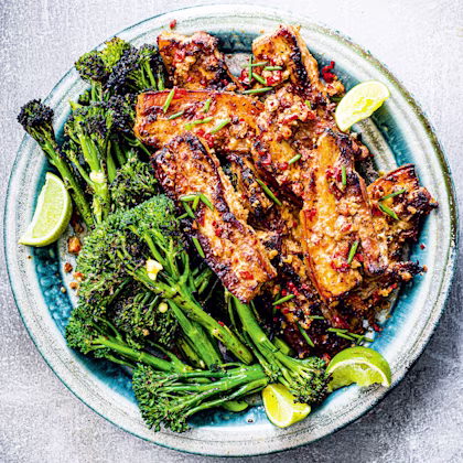 Papaya Pork Belly with Grilled Tenderstem