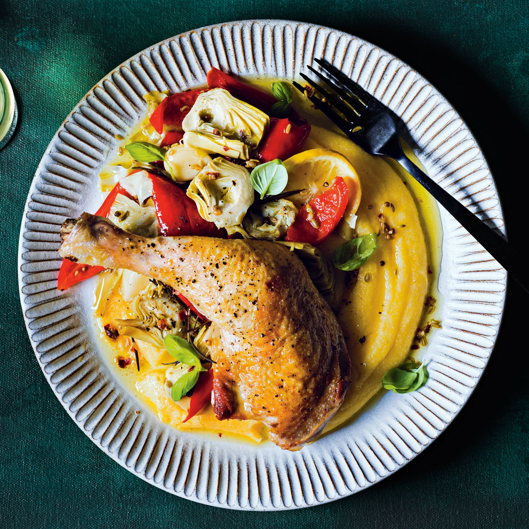 Roast Chicken with Confit Vegetables and Lemons 