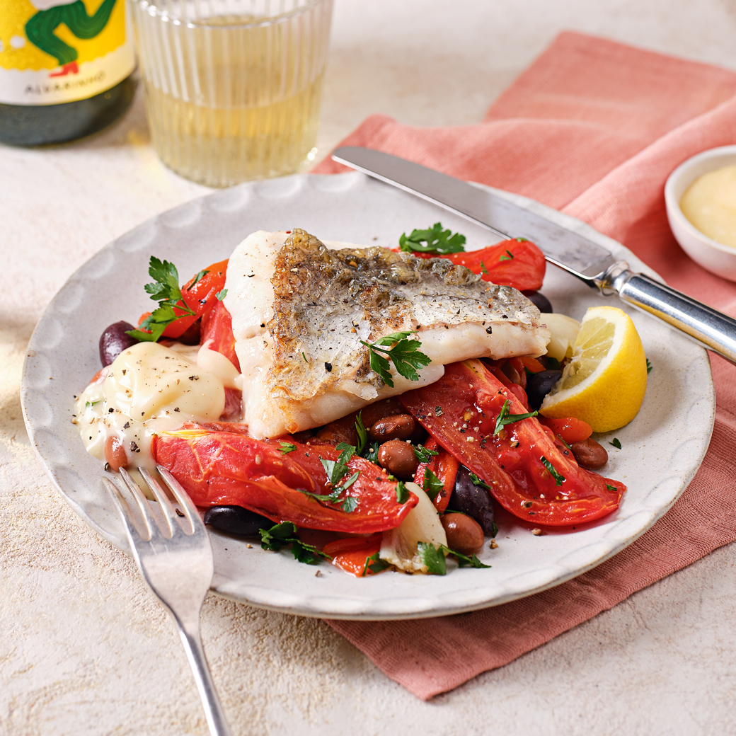 Pan-fried Hake with Roasted Tomatoes, Beans and Aioli 