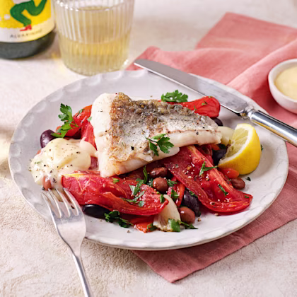 Pan-fried Hake with Roasted Tomatoes, Beans and Aioli