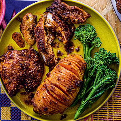 Suya Spice Chicken with Hasselback Sweet Potatoes