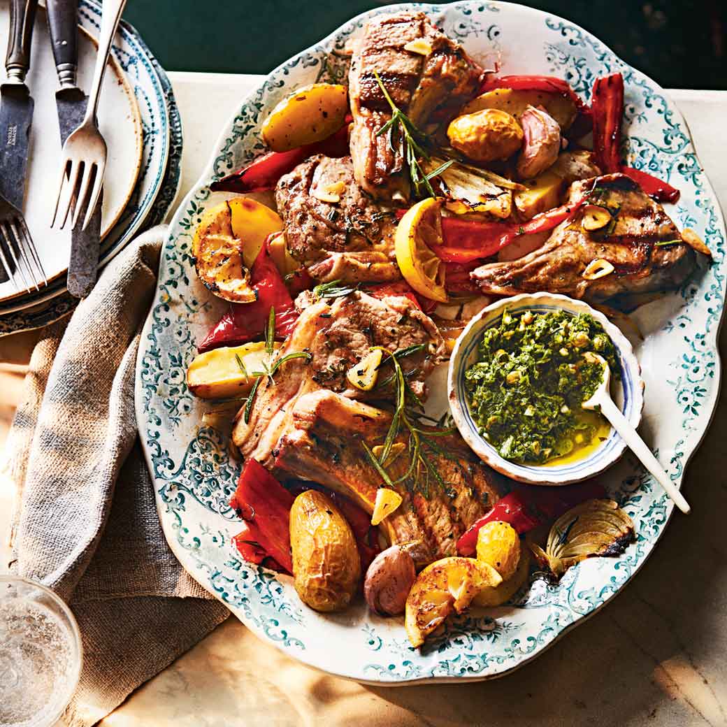 Rosemary Lamb Cutlets with Roasted Potatoes, Peppers and Salsa Verde