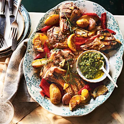 Rosemary Lamb Cutlets with Roasted Potatoes, Peppers and Salsa Verde