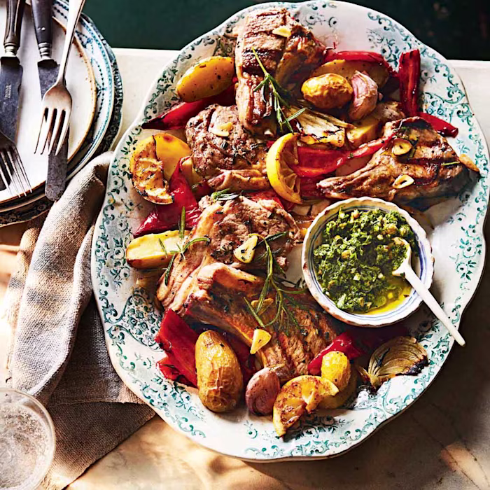 Rosemary Lamb Cutlets with Roasted Potatoes, Peppers and Salsa Verde