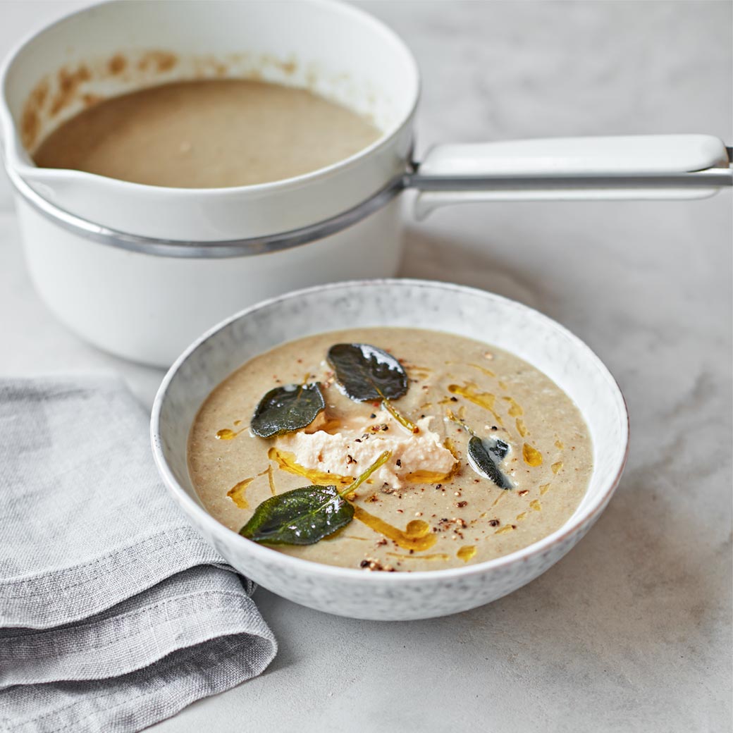 Mushroom, Leek and Sage Soup with Smoked Houmous