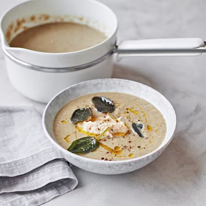 Mushroom, Leek and Sage Soup with Smoked Houmous
