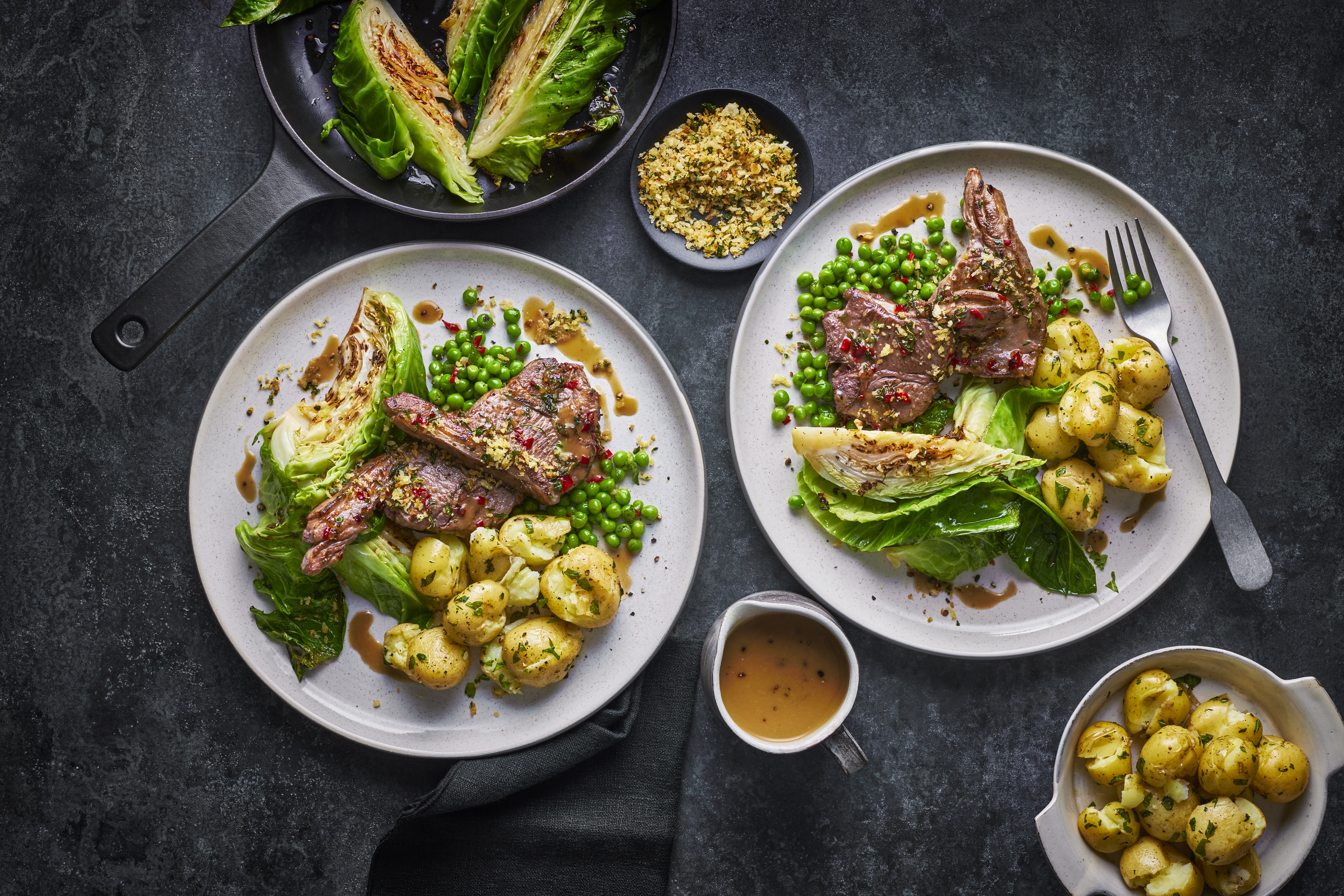 Honey, Chilli & Mint Lamb Chops, Crushed Baby Potatoes and Roasted Cabbage with Herby Breadcrumbs 