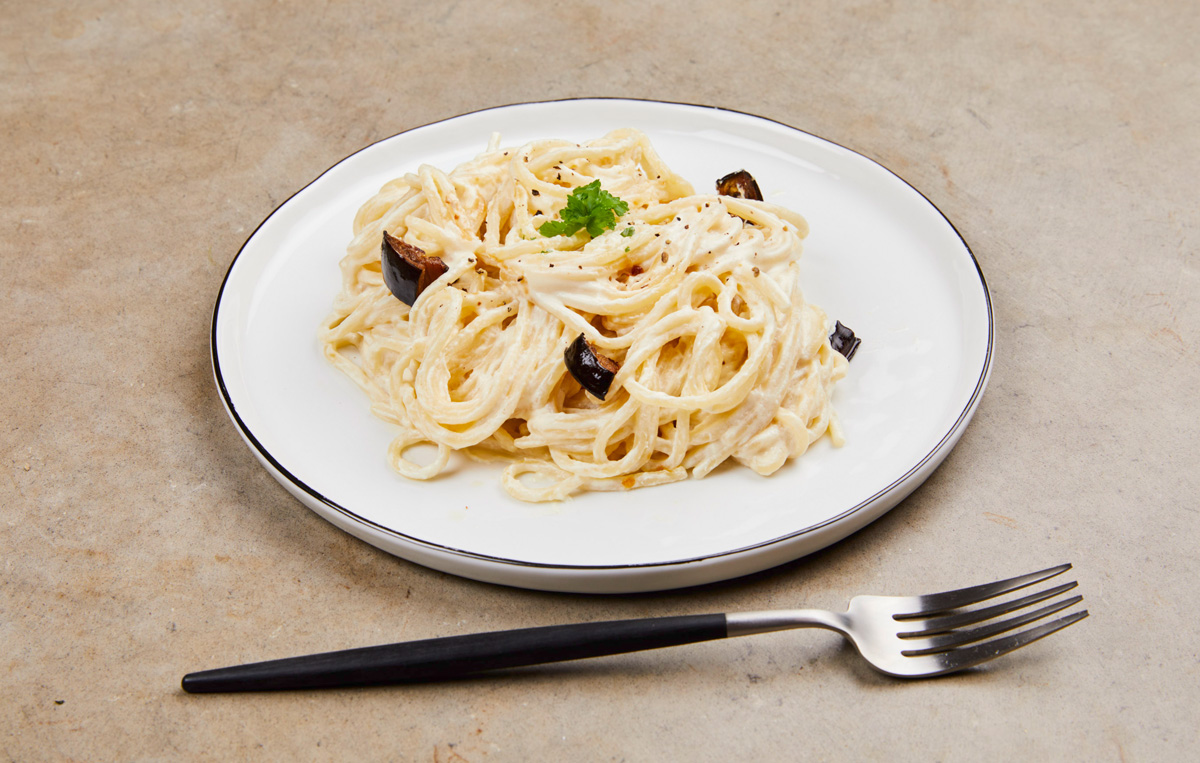 Silken Tofu Vegan Carbonara with Crispy Aubergine