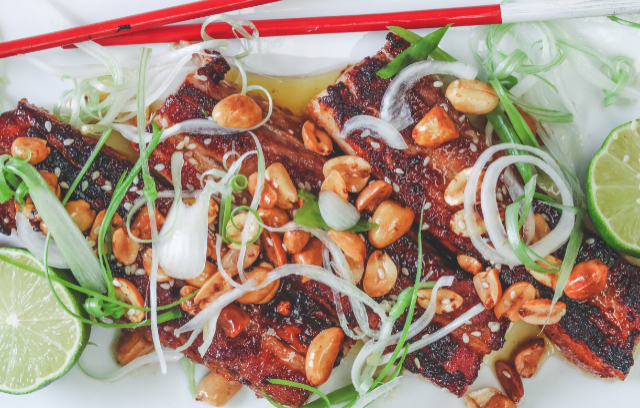 Asian belly pork glazed in miso and St Lawrence Gold Maple Syrup