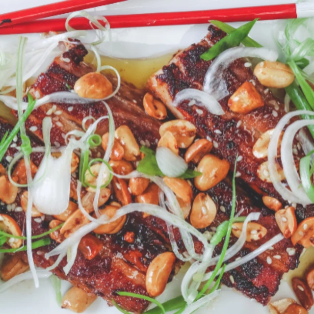 Asian belly pork glazed in miso and St Lawrence Gold Maple Syrup