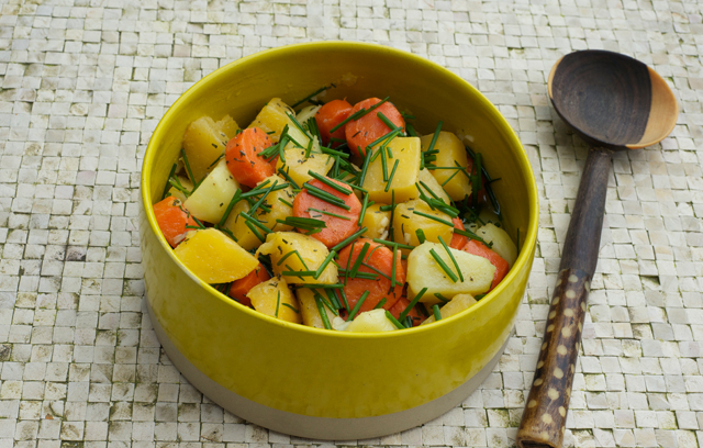 Warm Potato, Carrot and Swede Salad with Mustard and Rosemary Vinaigrette