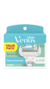 Deluxe Smooth Venus 5 Blade Razor Refills Value Pack for Sensitive Skin