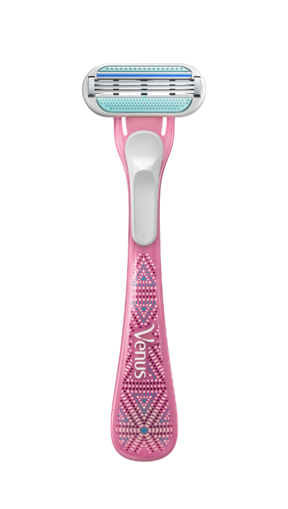 Pink 3 bladed razor with an oval razor head containing lubastrip