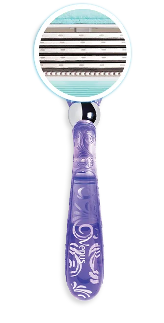 Purple colored refillable razor with a zoom-in segment of its 5 bladed razor head