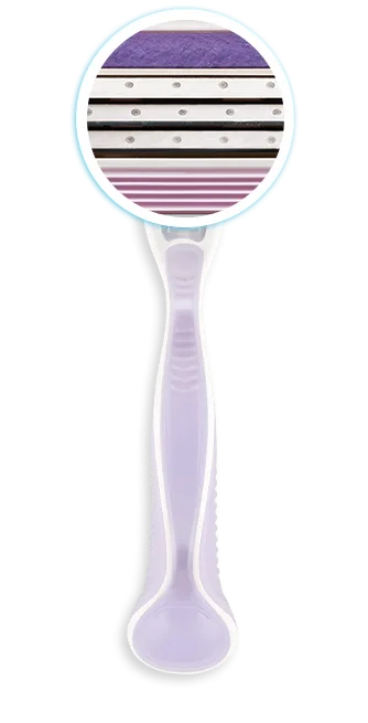 Purple refillable razor with a zoom-in segment of its 3 bladed razor head
