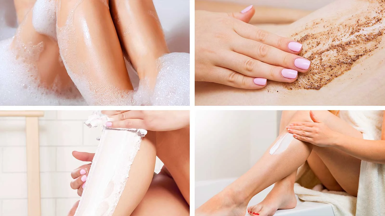 Collage of four pictures showing female legs in a bubbly bath, female hand applying brown scrubbing product to her leg, woman wiping off hair removal cream from her leg, and a woman applying cream to her leg