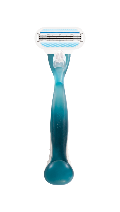 Dark blue razor with an oval 3 bladed razor head