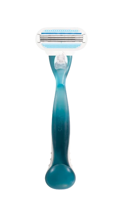 Dark blue razor with an oval 3 bladed razor head