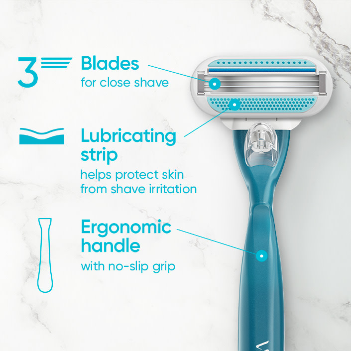 Venus Smooth Razor with text showing its main features: 3 blades, Lubricating strip and Ergonomic handle with all the details of each feature.