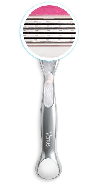 Silver refillable razor with a zoom-in segment of its 5 bladed razor head