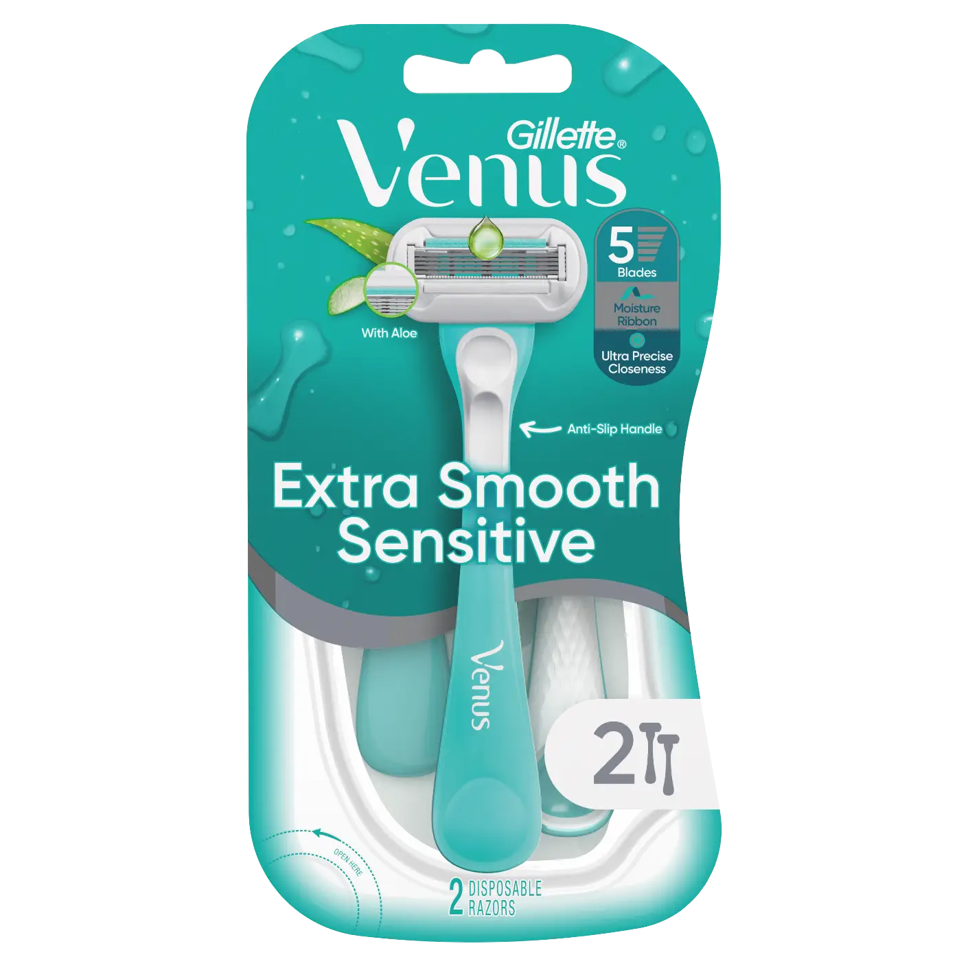 Gillette Venus Extra Smooth Sensitive disposable razor pack with five-blade heads, designed for a gentle shave on sensitive skin.