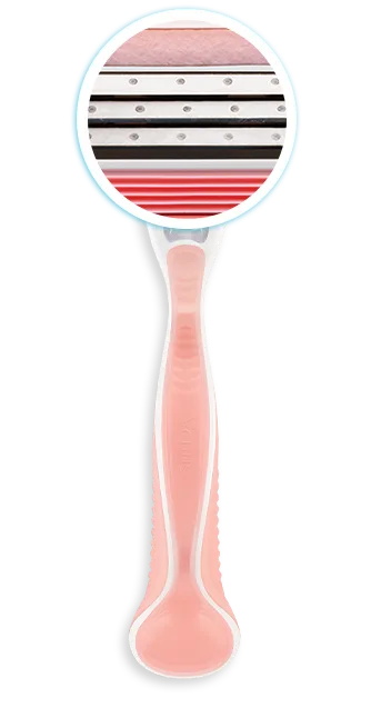 Pink refillable razor with a zoom-in segment of its 3 bladed razor head