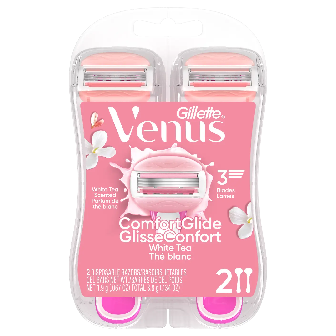 Gillette Venus ComfortGlide White Tea disposable razor pack with two pink razors featuring three blades and white tea-scented moisture bars for a smooth, fragrant shave.