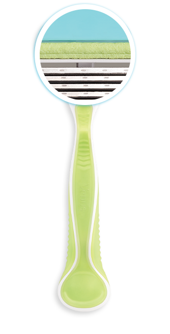 Green coloured refillable razor with a zoom-in segment of its lubastrip glide