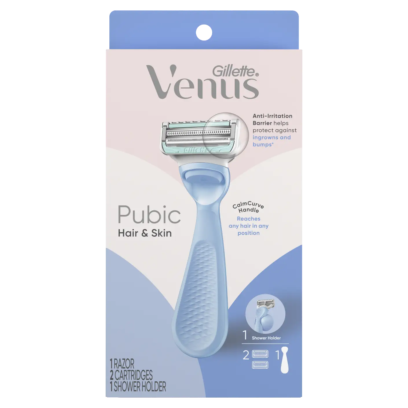 Gillette Venus Pubic Hair & Skin razor packaging with blue handle and anti‑irritation features