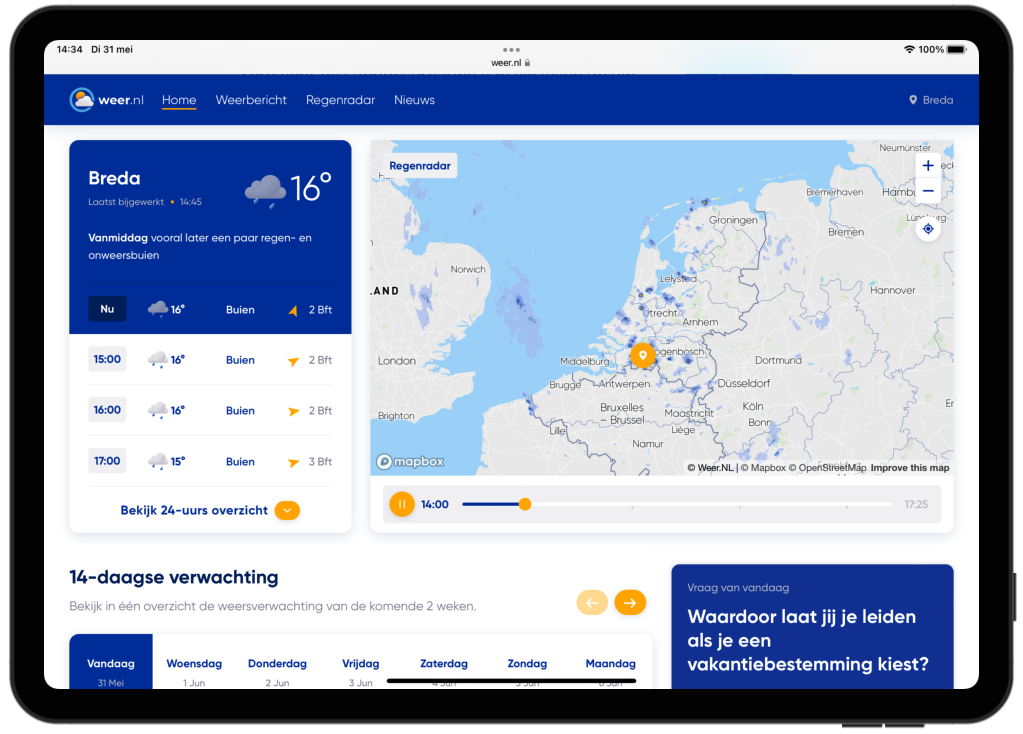 Weer.nl met regenradar-kaart op iPad
